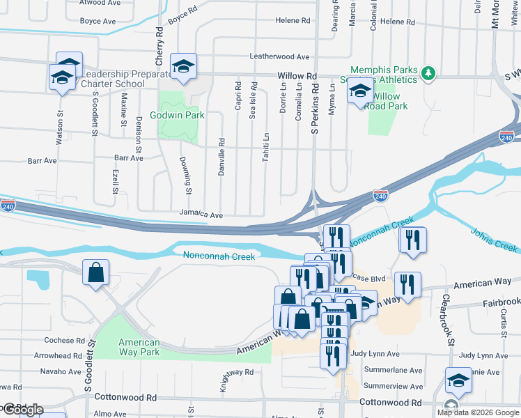 map of restaurants, bars, coffee shops, grocery stores, and more near 1929 Tahiti Ln in Memphis