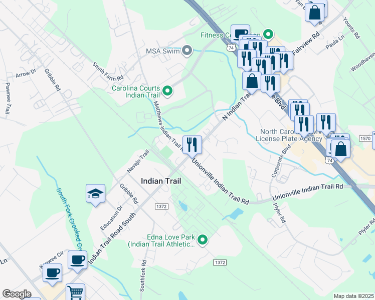 map of restaurants, bars, coffee shops, grocery stores, and more near 100 Matthews-Indian Trail Road in Indian Trail