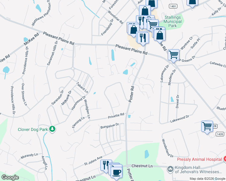 map of restaurants, bars, coffee shops, grocery stores, and more near 5040 Hillwood Court in Matthews