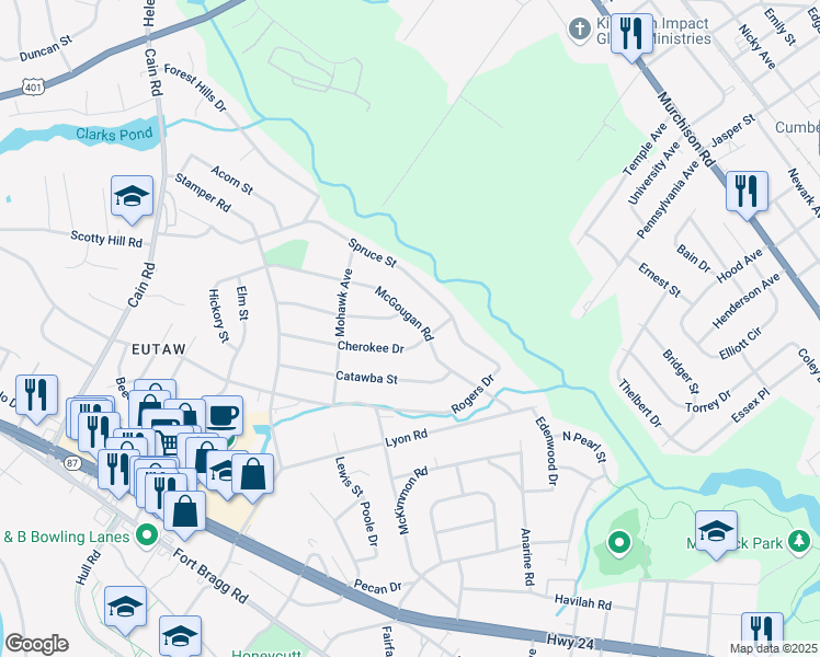 map of restaurants, bars, coffee shops, grocery stores, and more near 1805 McGougan Road in Fayetteville