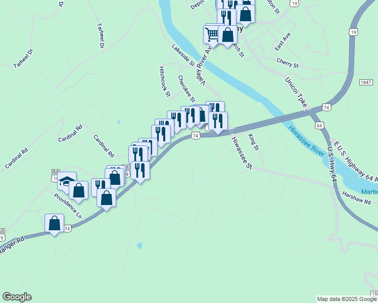 map of restaurants, bars, coffee shops, grocery stores, and more near 6 Skyline Drive in Murphy