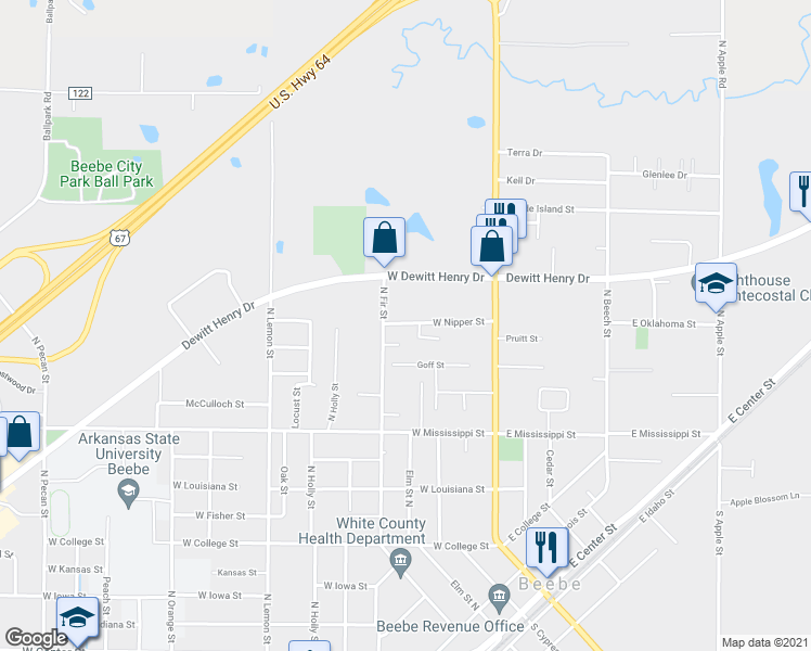 map of restaurants, bars, coffee shops, grocery stores, and more near 119 West Nipper Street in Beebe