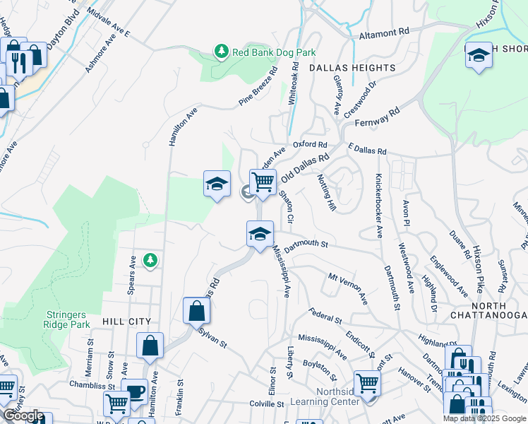 map of restaurants, bars, coffee shops, grocery stores, and more near 1316 Dallas Road in Chattanooga