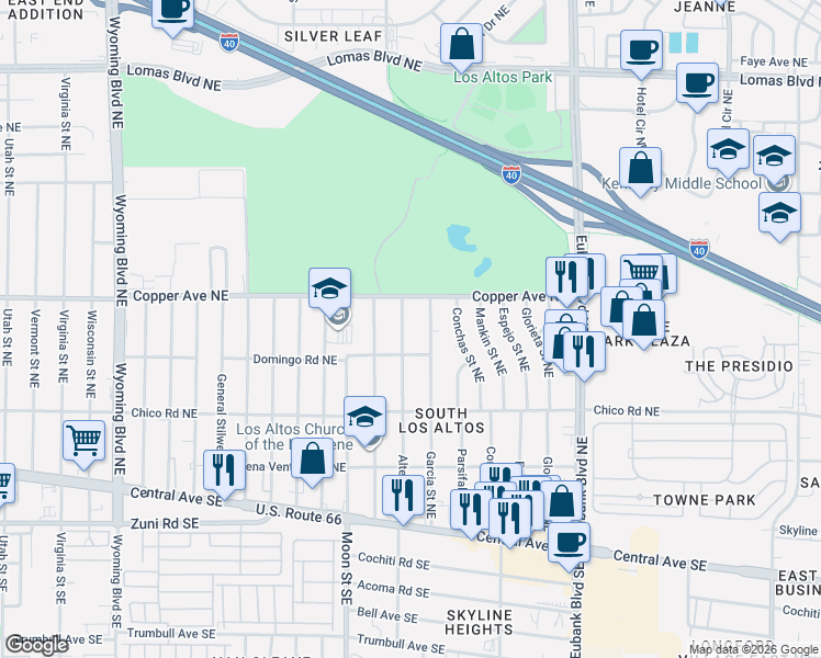 map of restaurants, bars, coffee shops, grocery stores, and more near 420 Altez Street Northeast in Albuquerque