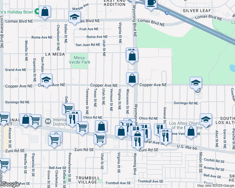 map of restaurants, bars, coffee shops, grocery stores, and more near 319 Virginia Street Northeast in Albuquerque