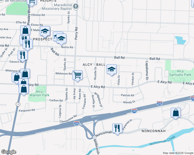 map of restaurants, bars, coffee shops, grocery stores, and more near 2427 Rozelle Street in Memphis