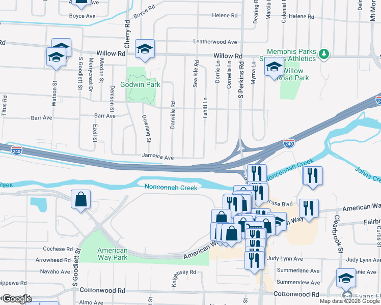 map of restaurants, bars, coffee shops, grocery stores, and more near 1931 Sea Isle Road in Memphis