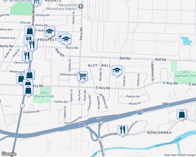 map of restaurants, bars, coffee shops, grocery stores, and more near 2427 Rozelle Street in Memphis