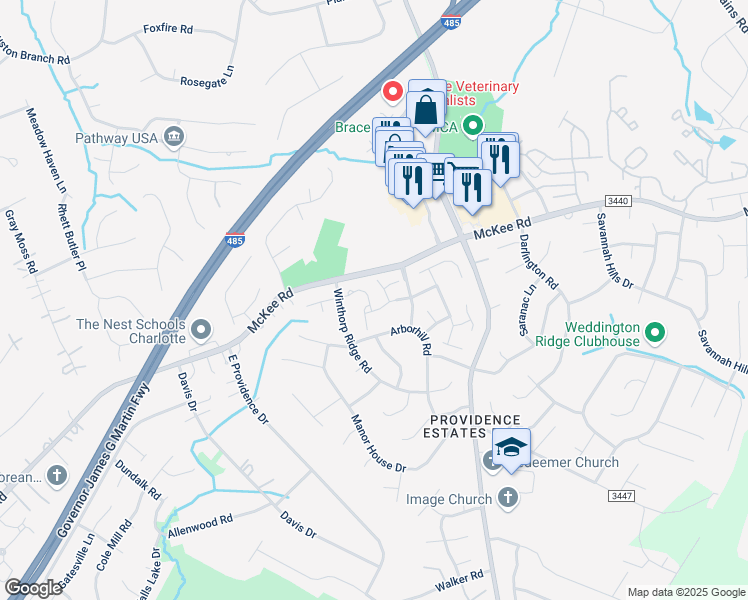 map of restaurants, bars, coffee shops, grocery stores, and more near 2726 Thornbush Court in Charlotte