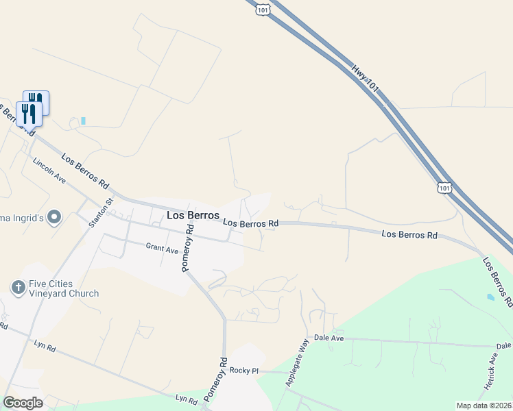 map of restaurants, bars, coffee shops, grocery stores, and more near 1680 Los Berros Road in Arroyo Grande