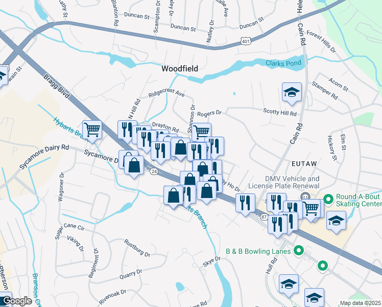 map of restaurants, bars, coffee shops, grocery stores, and more near 824 Shannon Drive in Fayetteville