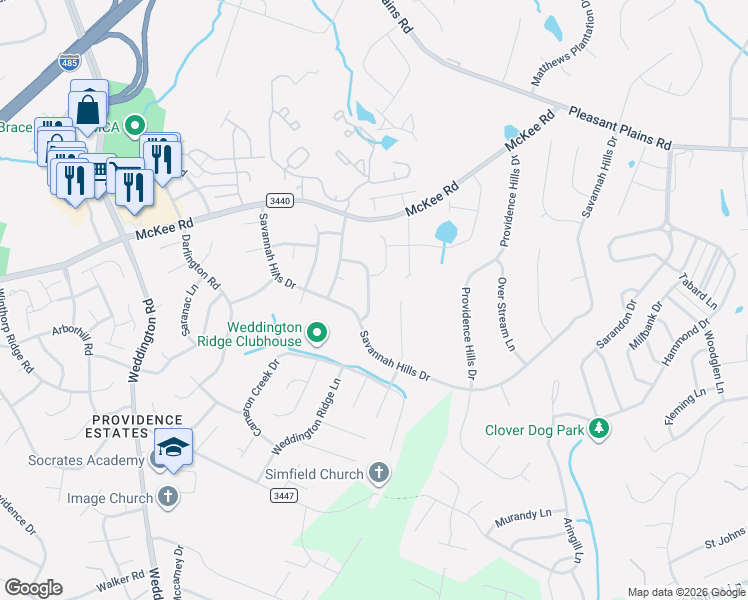 map of restaurants, bars, coffee shops, grocery stores, and more near 1626 Candlewood Ridge Lane in Matthews