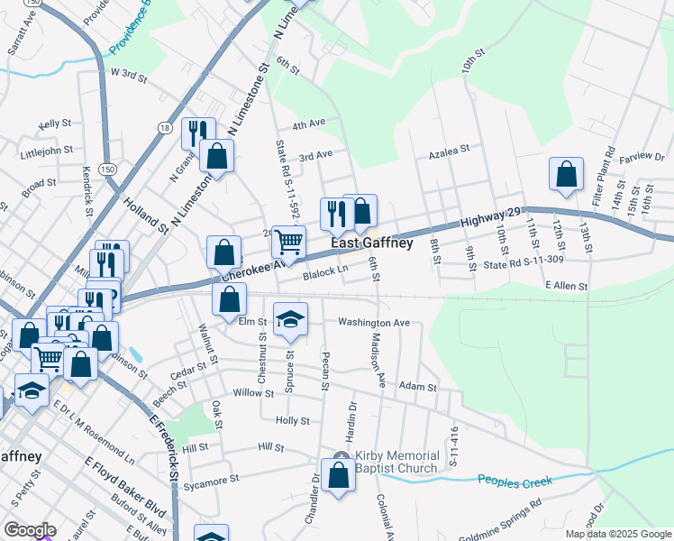map of restaurants, bars, coffee shops, grocery stores, and more near 209 5th Street in Gaffney