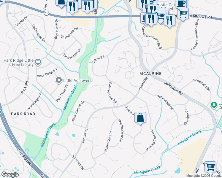 map of restaurants, bars, coffee shops, grocery stores, and more near 10836 Painted Tree Road in Charlotte
