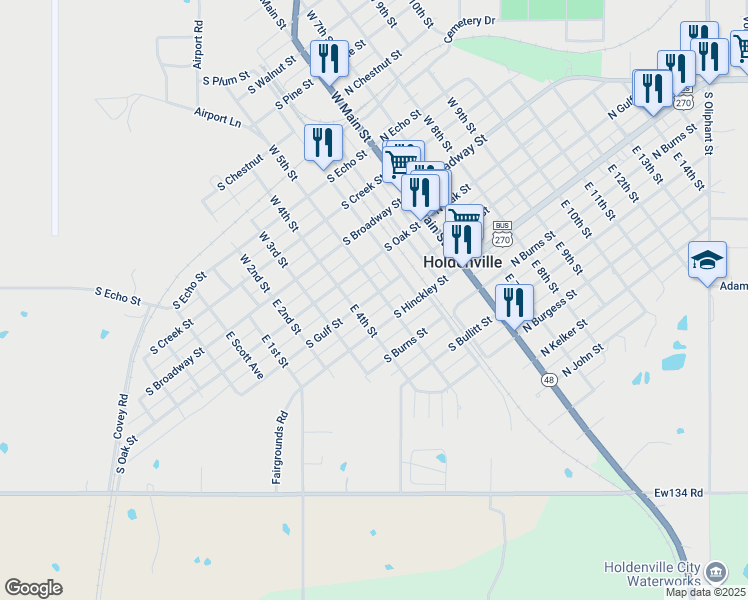 map of restaurants, bars, coffee shops, grocery stores, and more near 315 South Gulf Street in Holdenville