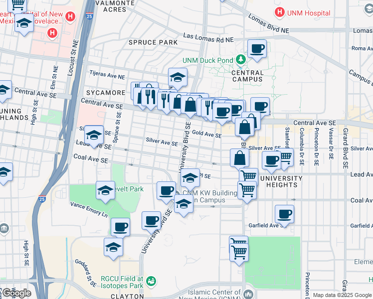 map of restaurants, bars, coffee shops, grocery stores, and more near 310 University Boulevard Southeast in Albuquerque