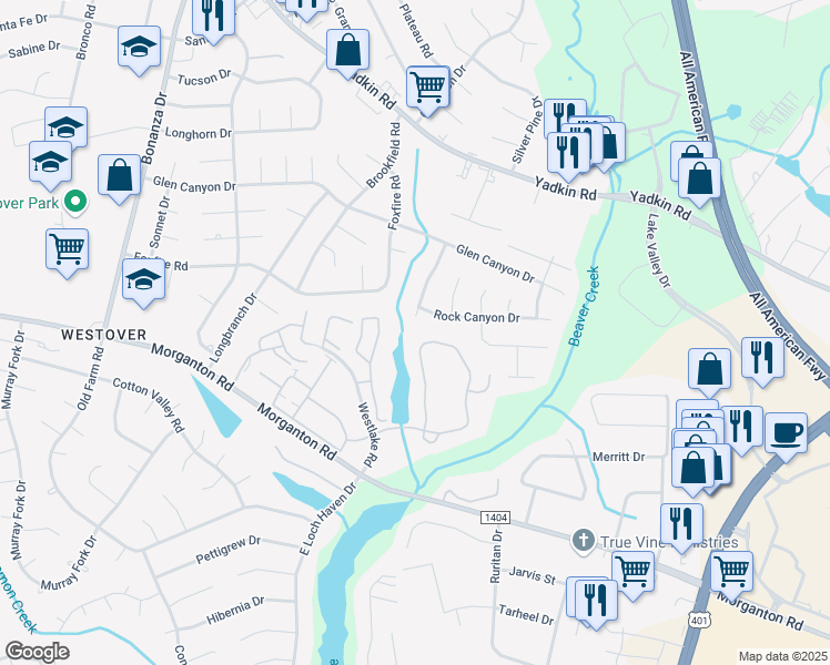 map of restaurants, bars, coffee shops, grocery stores, and more near 241 Waterdown Drive in Fayetteville
