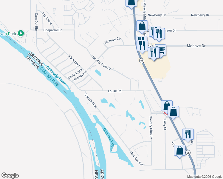 map of restaurants, bars, coffee shops, grocery stores, and more near 1341 Lause Rd in Bullhead City