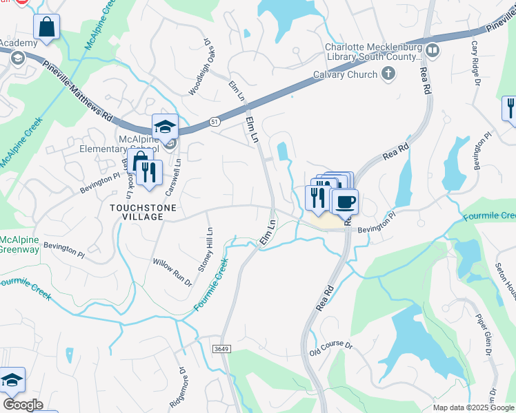 map of restaurants, bars, coffee shops, grocery stores, and more near Bevington Pl & Wood Ridge Dr in Charlotte