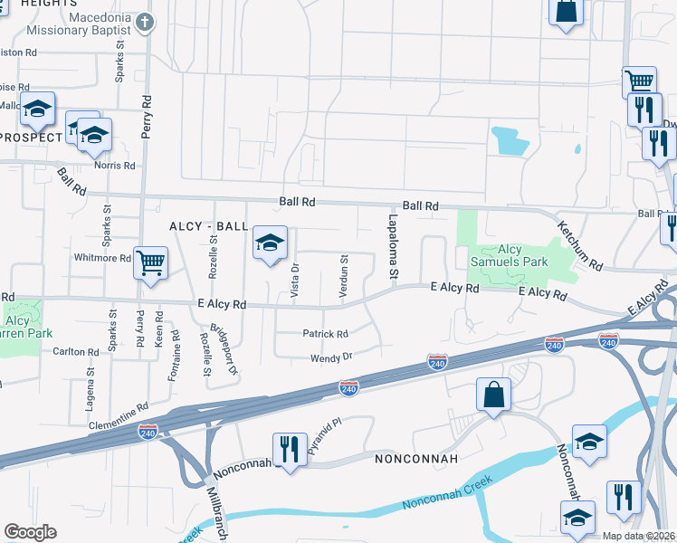 map of restaurants, bars, coffee shops, grocery stores, and more near 2417 Verdun Street in Memphis