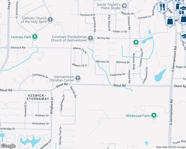 map of restaurants, bars, coffee shops, grocery stores, and more near 2557 Mimosa Tree Drive in Germantown