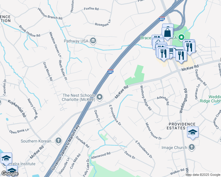 map of restaurants, bars, coffee shops, grocery stores, and more near 1815 Chinchester Lane in Charlotte