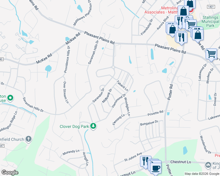 map of restaurants, bars, coffee shops, grocery stores, and more near 1116 Millbank Drive in Stallings