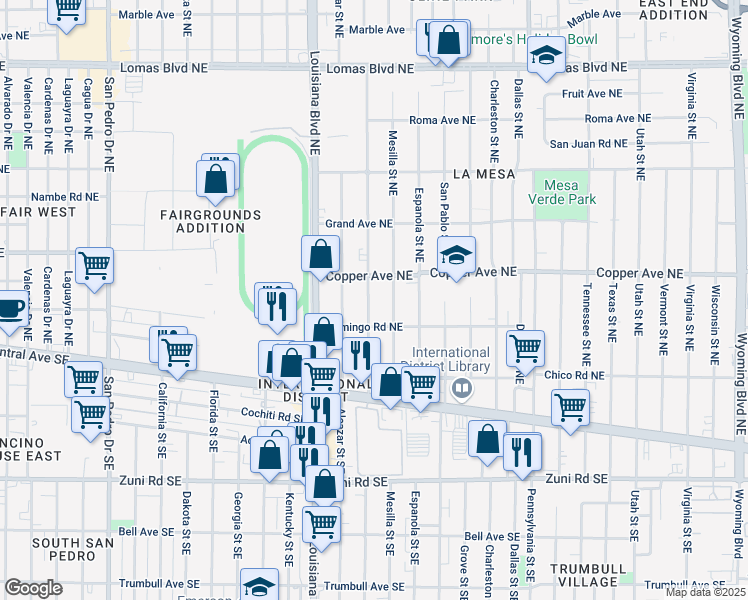 map of restaurants, bars, coffee shops, grocery stores, and more near 224 Chama Street Northeast in Albuquerque