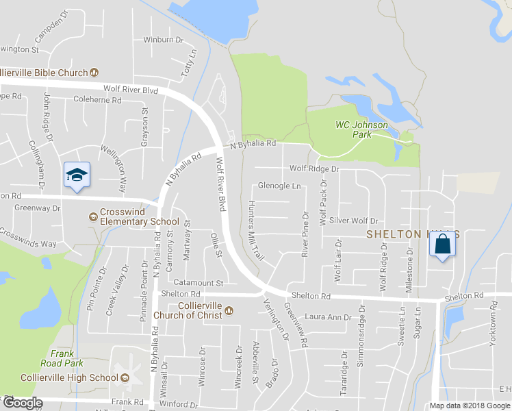 map of restaurants, bars, coffee shops, grocery stores, and more near 521 Hunters Mill Cove in Collierville