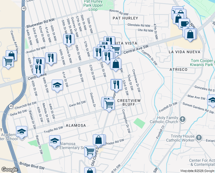 map of restaurants, bars, coffee shops, grocery stores, and more near 303 55th Street Southwest in Albuquerque