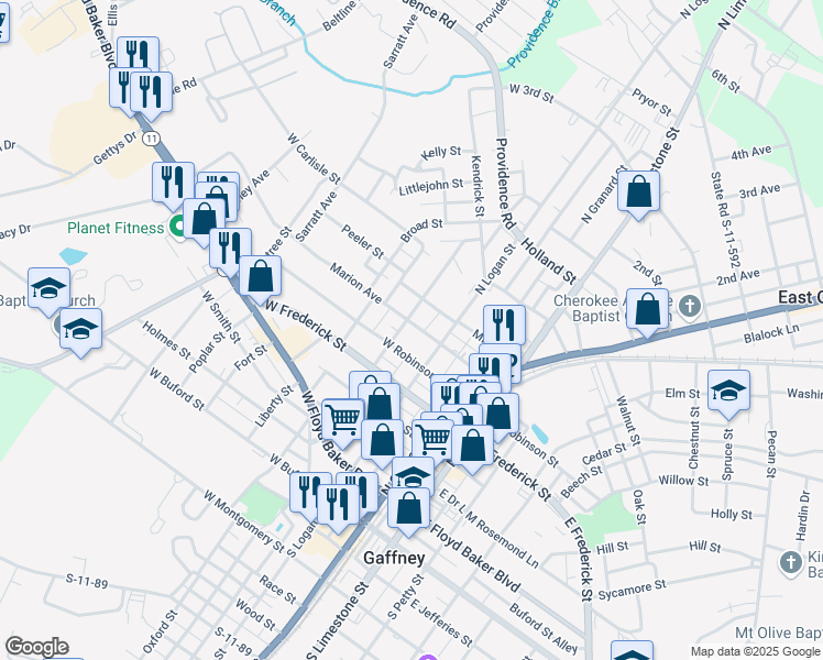 map of restaurants, bars, coffee shops, grocery stores, and more near 217 Marion Avenue in Gaffney