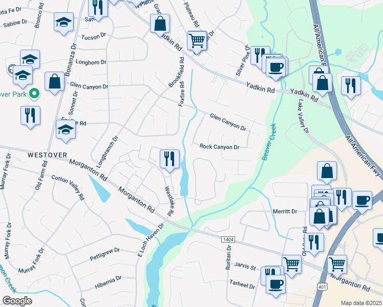 map of restaurants, bars, coffee shops, grocery stores, and more near 241 Waterdown Drive in Fayetteville