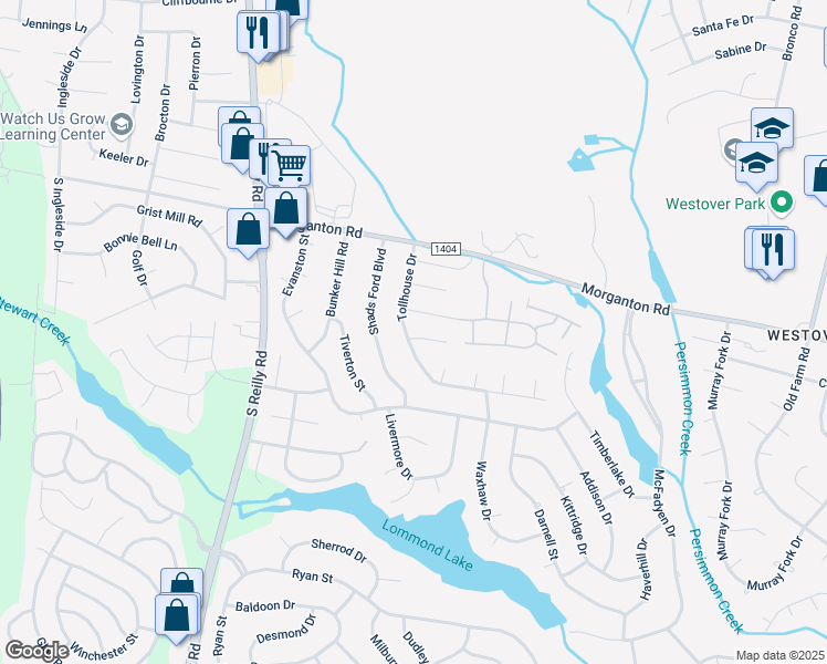 map of restaurants, bars, coffee shops, grocery stores, and more near 6338 Fox Glen Drive in Fayetteville