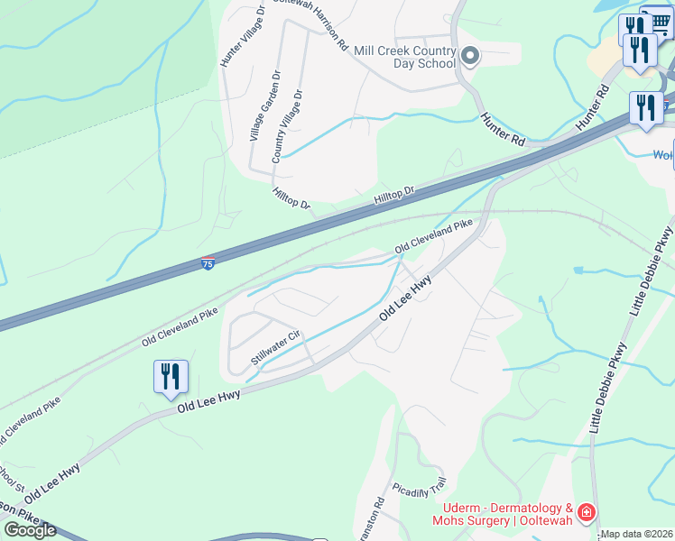 map of restaurants, bars, coffee shops, grocery stores, and more near 8434 Old Cleveland Pike in Ooltewah