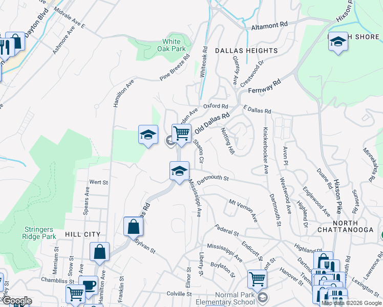 map of restaurants, bars, coffee shops, grocery stores, and more near 1311 Chestnut Lane in Chattanooga