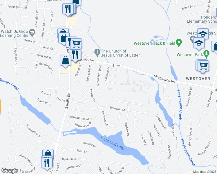 map of restaurants, bars, coffee shops, grocery stores, and more near 6338 Fox Glen Drive in Fayetteville