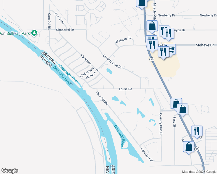 map of restaurants, bars, coffee shops, grocery stores, and more near 1261 Lause Road in Bullhead City