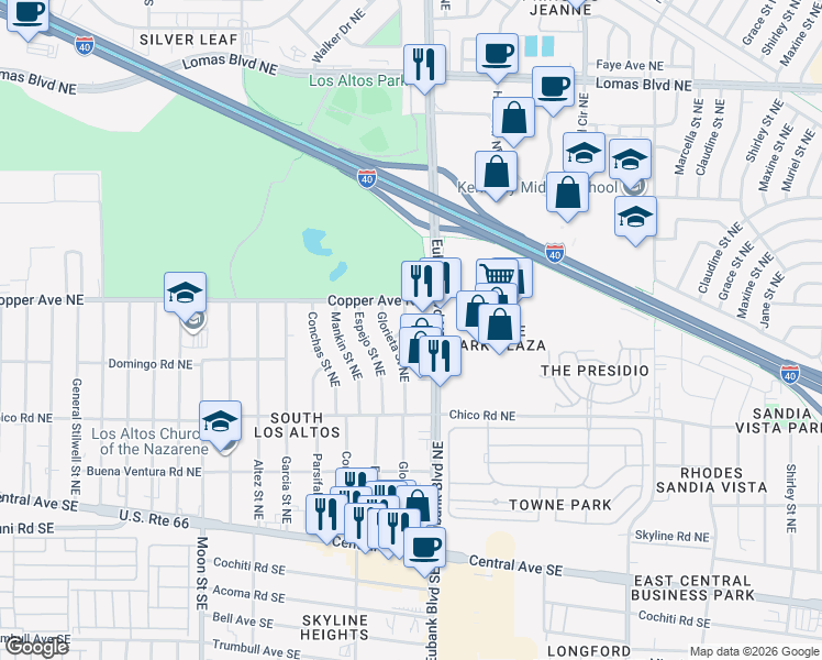 map of restaurants, bars, coffee shops, grocery stores, and more near 421 Eubank Boulevard Northeast in Albuquerque
