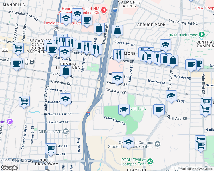 map of restaurants, bars, coffee shops, grocery stores, and more near 488-598 Oak Street Southeast in Albuquerque