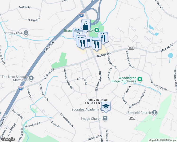 map of restaurants, bars, coffee shops, grocery stores, and more near 2011 Chinabrook Court in Charlotte
