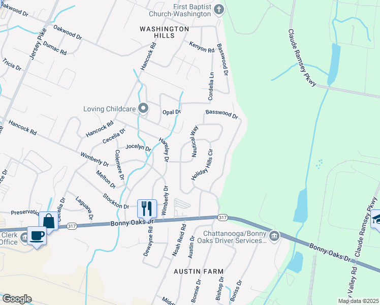 map of restaurants, bars, coffee shops, grocery stores, and more near 7712 Nautical Way in Chattanooga
