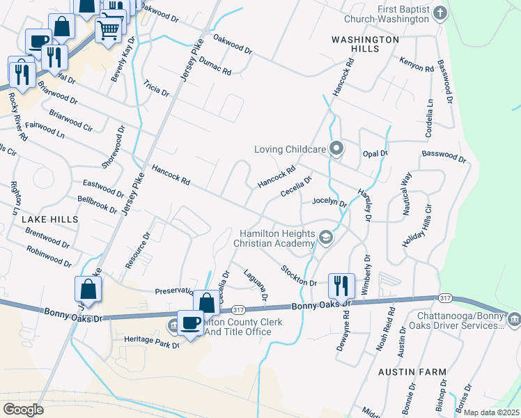 map of restaurants, bars, coffee shops, grocery stores, and more near 7715 Cecelia Drive in Chattanooga