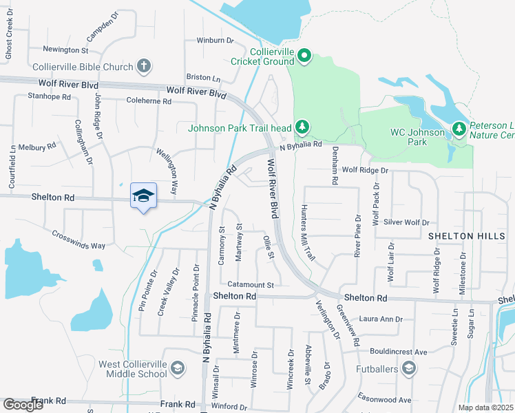 map of restaurants, bars, coffee shops, grocery stores, and more near 601 Wolf River Boulevard in Collierville