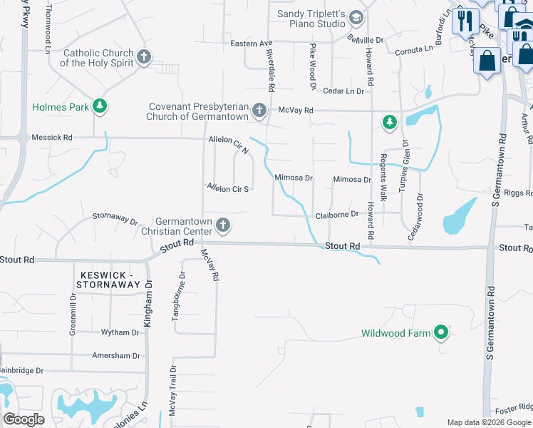 map of restaurants, bars, coffee shops, grocery stores, and more near 2557 Mimosa Tree Drive in Germantown