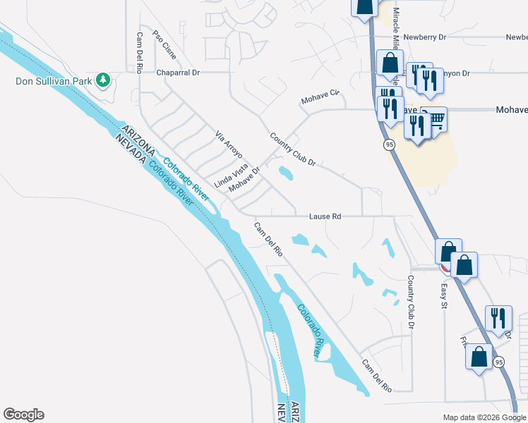 map of restaurants, bars, coffee shops, grocery stores, and more near 1205 Lause Road in Bullhead City