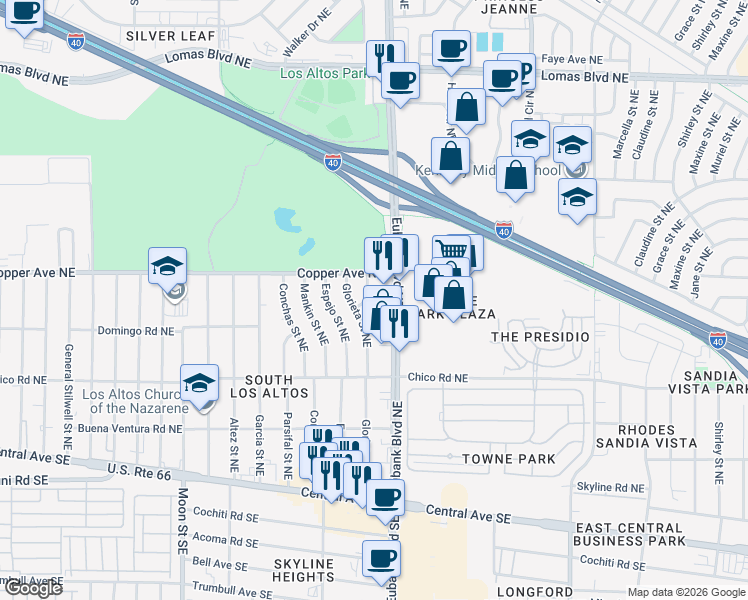map of restaurants, bars, coffee shops, grocery stores, and more near 421 Eubank Boulevard Northeast in Albuquerque