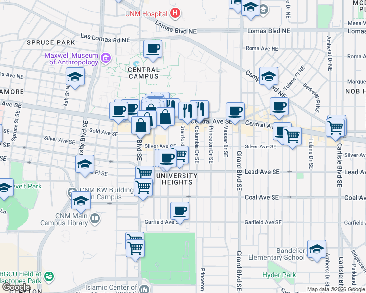 map of restaurants, bars, coffee shops, grocery stores, and more near Silver Ave SE & Stanford Dr SE in Albuquerque