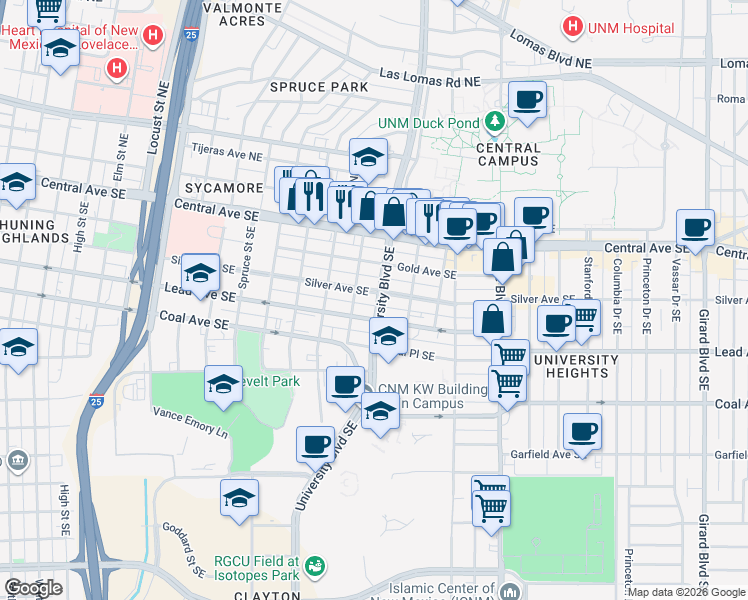 map of restaurants, bars, coffee shops, grocery stores, and more near 1718 Silver Avenue Southeast in Albuquerque