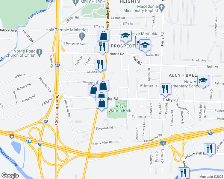 map of restaurants, bars, coffee shops, grocery stores, and more near 1360 East Alcy Road in Memphis