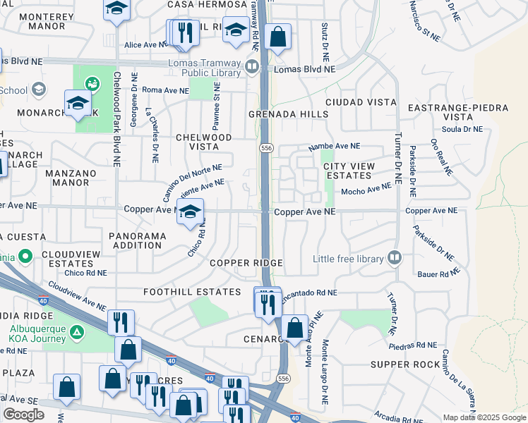 map of restaurants, bars, coffee shops, grocery stores, and more near Tramway Blvd NE & Copper Ave NE in Albuquerque